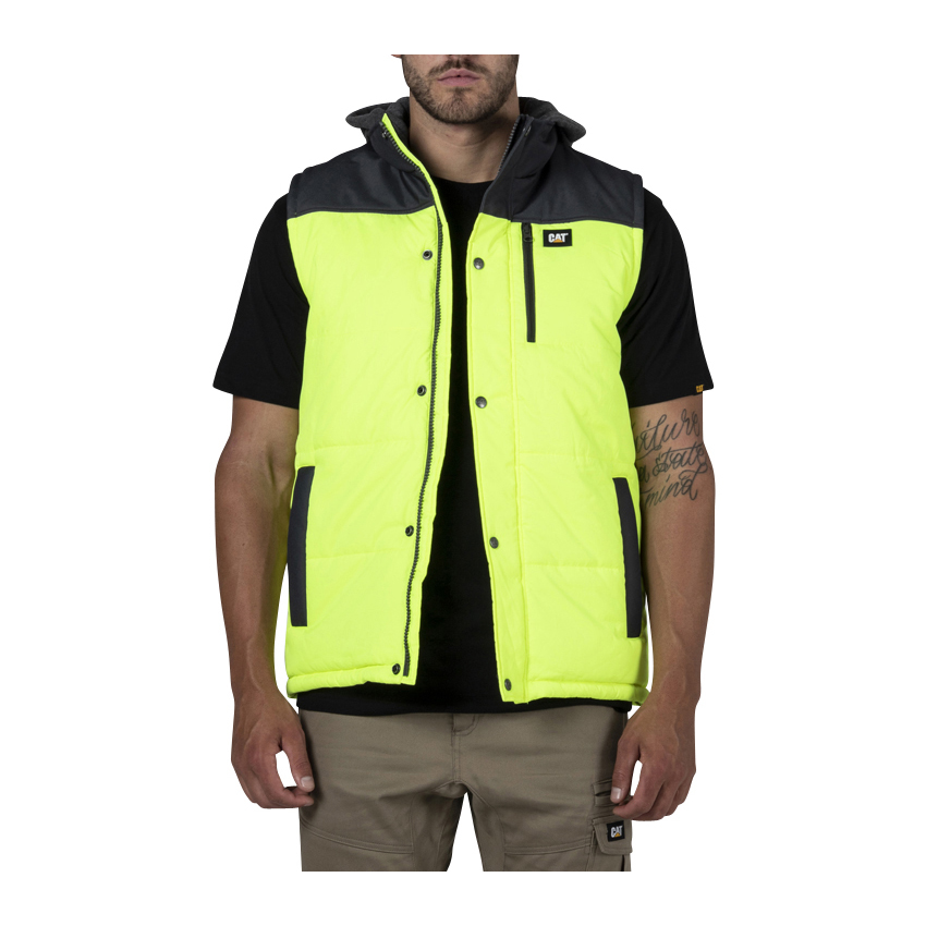 Caterpillar Clothing South Africa - Cat Men's Hi Vis Hooded Work Vests Yellow/Black CZ5809431